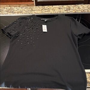White House Black Market Black Short-Sleeve Beaded Crewneck Top